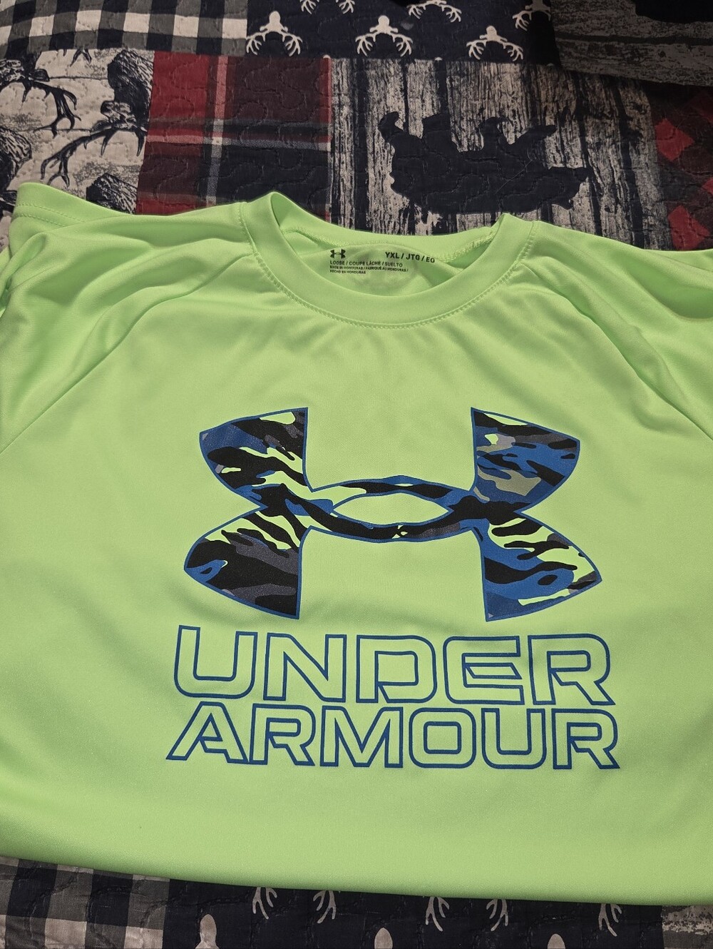 Under Armour Neon Green Tee with Blue & Black Camo Logo
